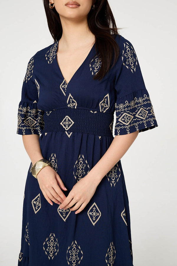Navy | Printed 1/2 Sleeve Shirred Midi Dress