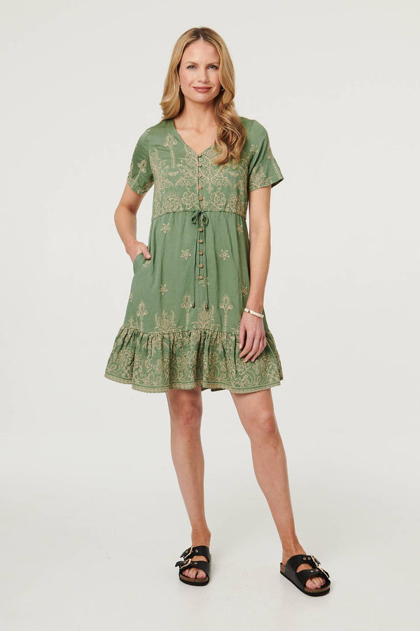 Green | Floral Embroidered Knee Length Dress