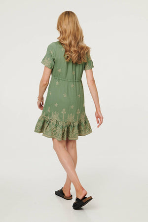 Green | Floral Embroidered Knee Length Dress
