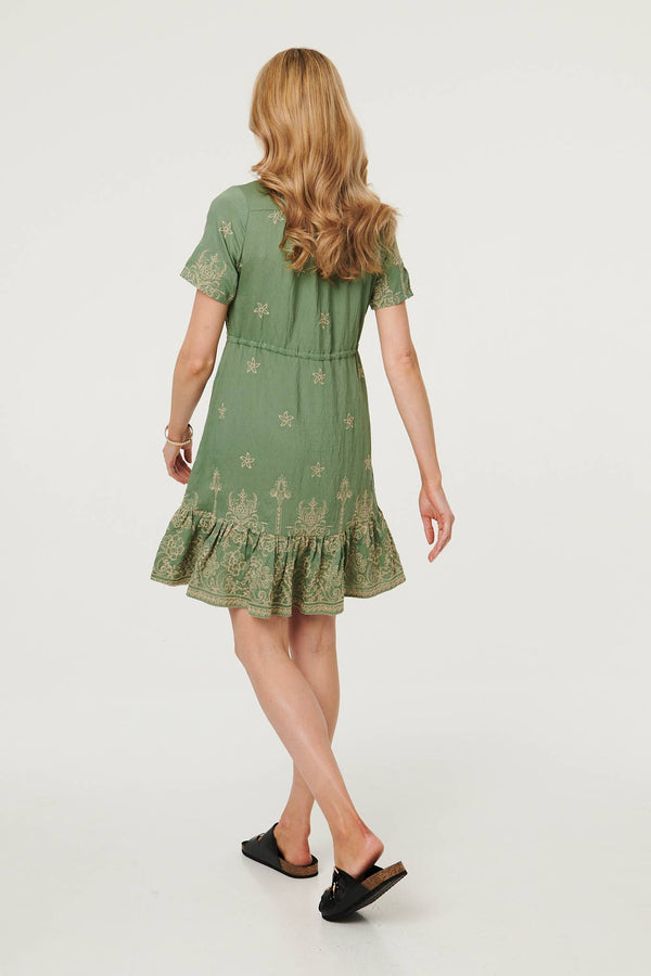 Green | Floral Embroidered Knee Length Dress