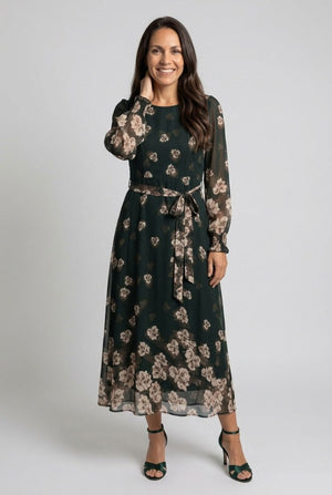 Green | Floral Layer Long Sleeve Midi Dress