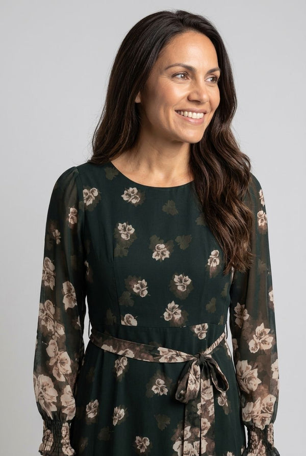Green | Floral Layer Long Sleeve Midi Dress