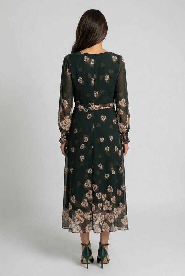 Green | Floral Layer Long Sleeve Midi Dress