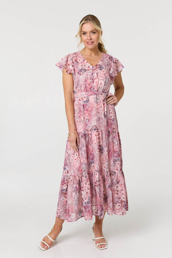 Pink | Floral Tiered Tie Waist Maxi Dress: Model is 5'10"/178 cm and wears UK8/EU36/US4/AUS8