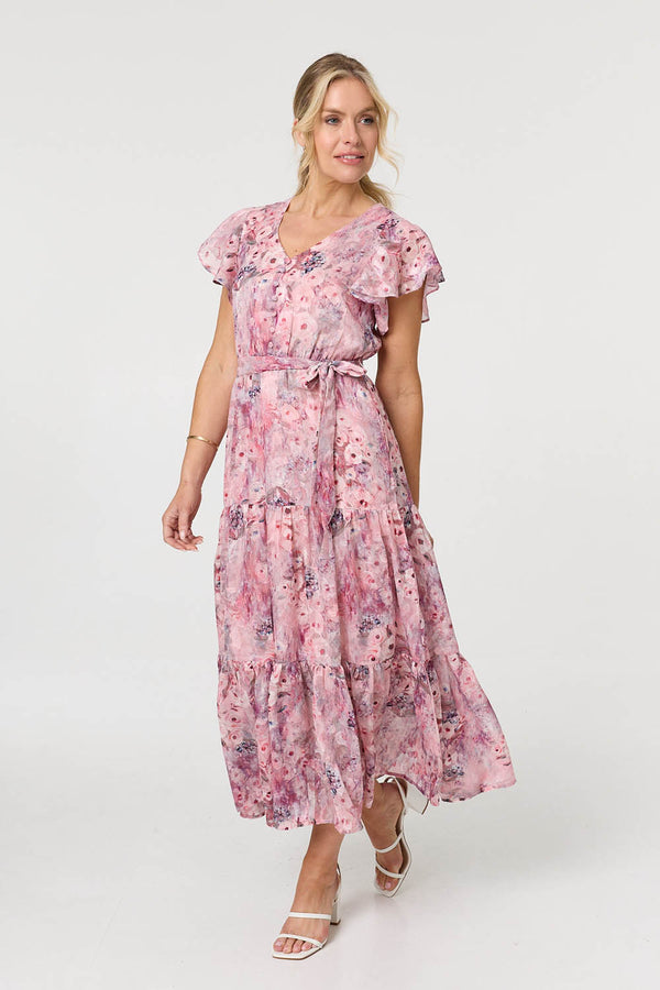 Pink | Floral Tiered Tie Waist Maxi Dress