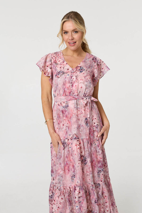 Pink | Floral Tiered Tie Waist Maxi Dress