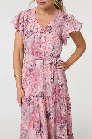 Pink | Floral Tiered Tie Waist Maxi Dress