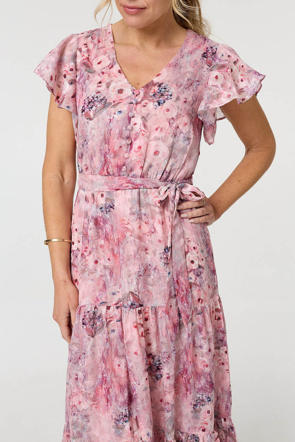 Pink | Floral Tiered Tie Waist Maxi Dress