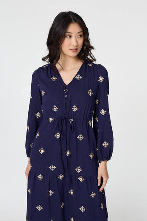 Navy | Border Print Long Sleeve Midi Dress
