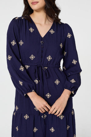 Navy | Border Print Long Sleeve Midi Dress
