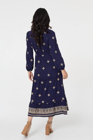 Navy | Border Print Long Sleeve Midi Dress
