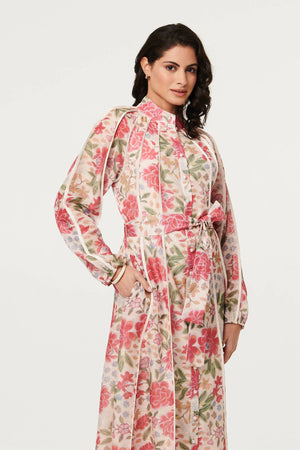 Pink | Floral Tie Waist High Neck Midi Dress
