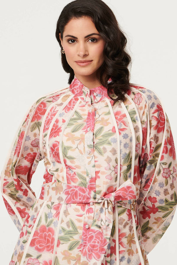 Pink | Floral Tie Waist High Neck Midi Dress
