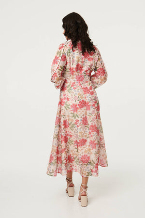 Pink | Floral Tie Waist High Neck Midi Dress
