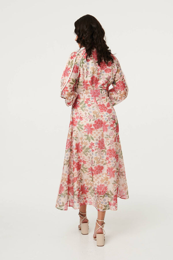 Pink | Floral Tie Waist High Neck Midi Dress