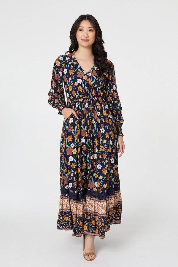 Navy | Floral Border Print Smocked Maxi Dress
