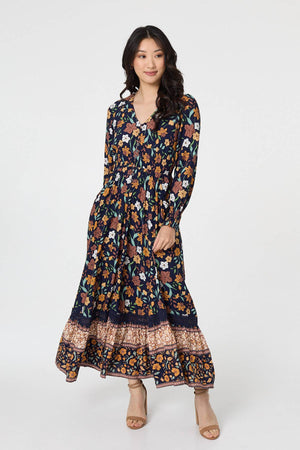 Navy | Floral Border Print Smocked Maxi Dress
