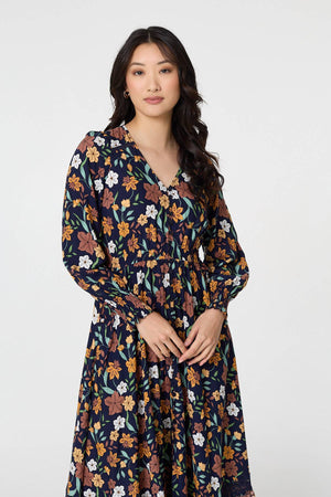 Navy | Floral Border Print Smocked Maxi Dress
