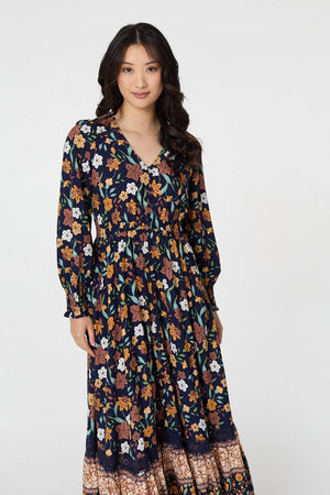 Navy | Floral Border Print Smocked Maxi Dress
