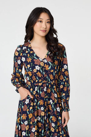 Navy | Floral Border Print Smocked Maxi Dress
