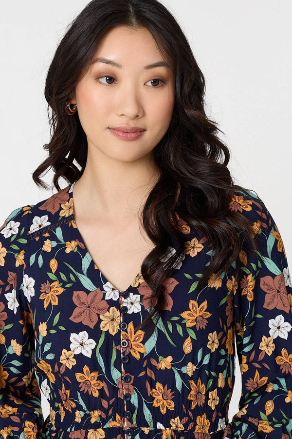 Navy | Floral Border Print Smocked Maxi Dress
