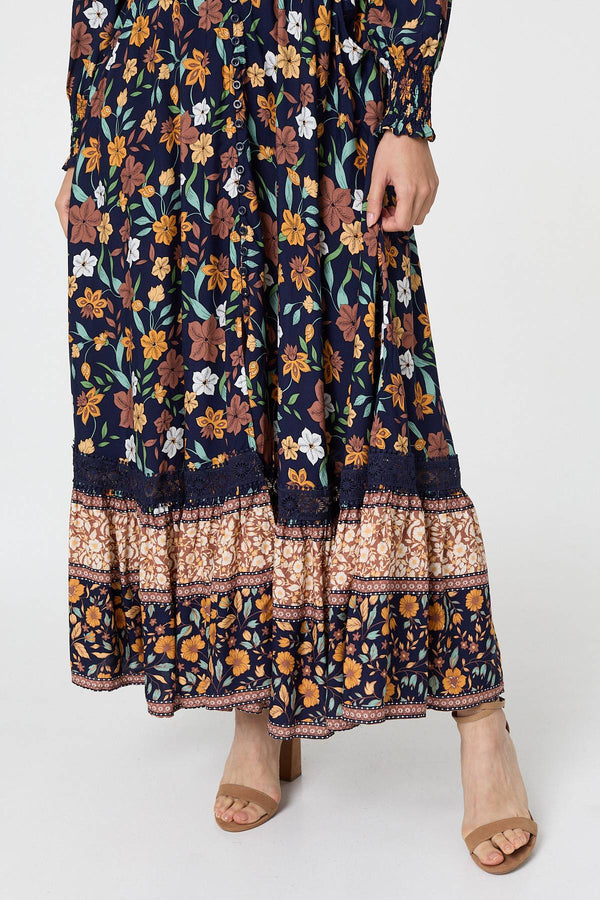 Navy | Floral Border Print Smocked Maxi Dress
