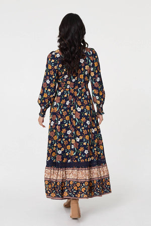 Navy | Floral Border Print Smocked Maxi Dress
