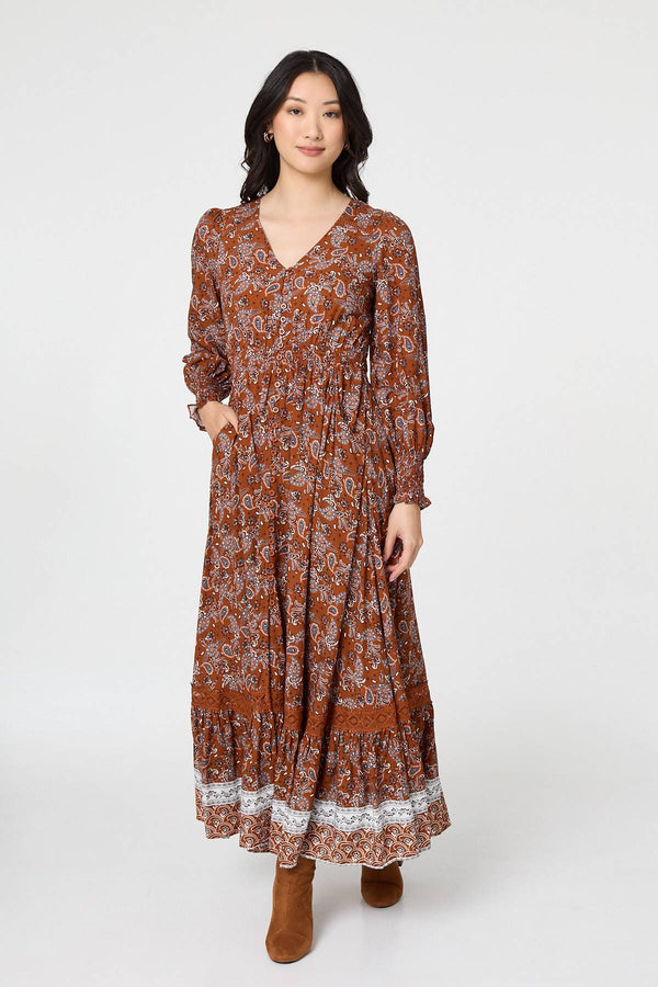 Rust | Paisley Shirred Lace Trim Maxi Dress

