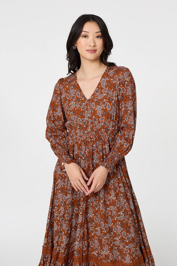 Rust | Paisley Shirred Lace Trim Maxi Dress
