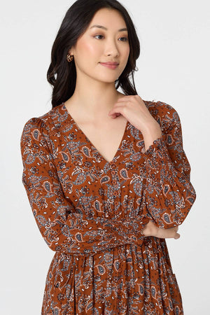 Rust | Paisley Shirred Lace Trim Maxi Dress
