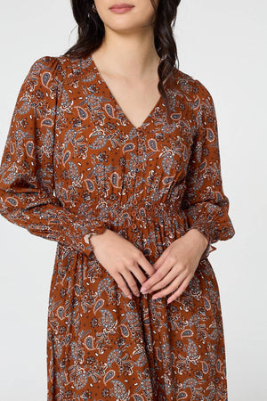 Rust | Paisley Shirred Lace Trim Maxi Dress

