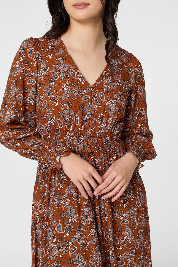 Rust | Paisley Shirred Lace Trim Maxi Dress
