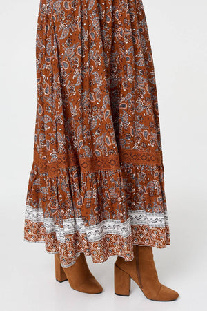 Rust | Paisley Shirred Lace Trim Maxi Dress

