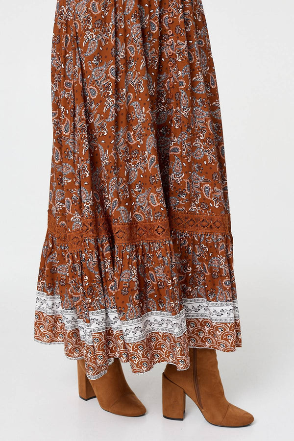 Rust | Paisley Shirred Lace Trim Maxi Dress
