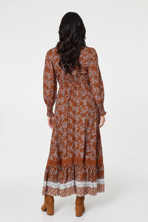Rust | Paisley Shirred Lace Trim Maxi Dress
