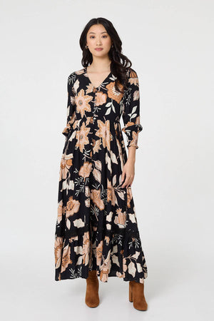 Black | Leaf Print Long Sleeve Maxi Dress

