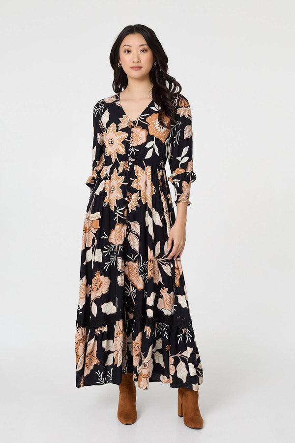 Black | Leaf Print Long Sleeve Maxi Dress
