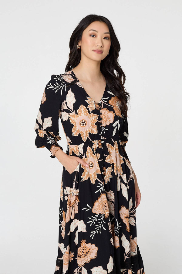Black | Leaf Print Long Sleeve Maxi Dress
