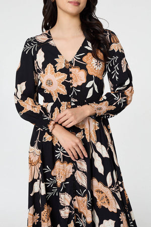 Black | Leaf Print Long Sleeve Maxi Dress
