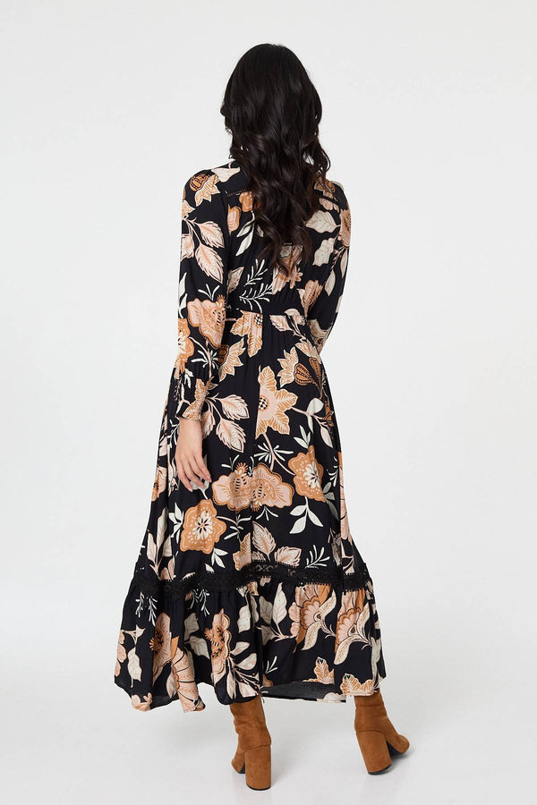 Black | Leaf Print Long Sleeve Maxi Dress
