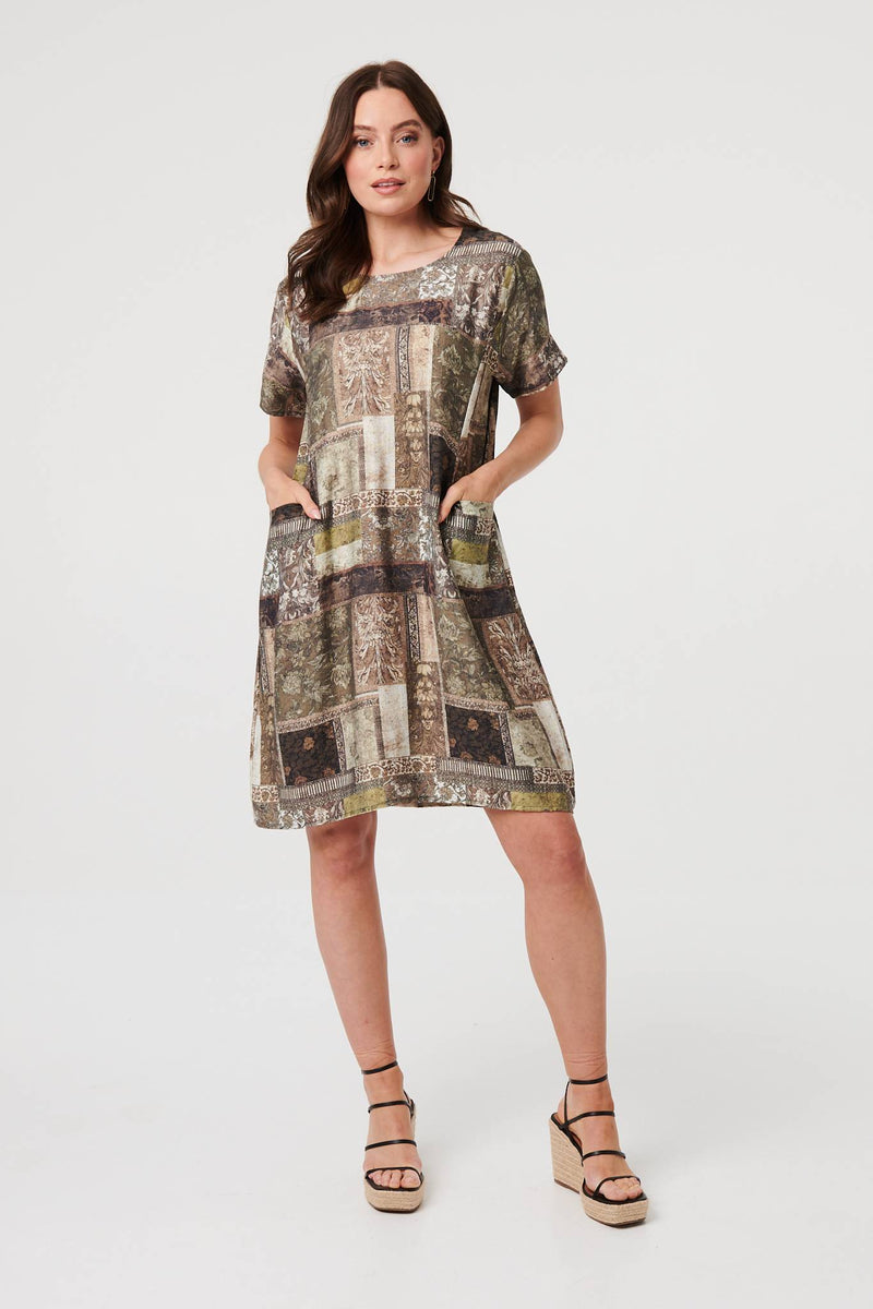 Patchwork Pocket Knee Length Shift Dress | Izabel London Patchwork Pocket Knee Length Shift Dress | Izabel London