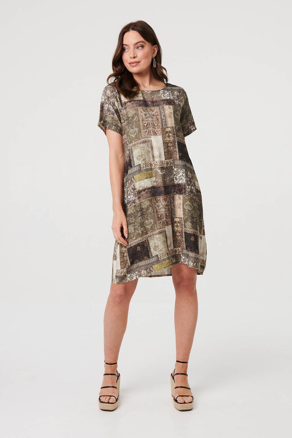 Khaki | Patchwork Pocket Knee Length Shift Dress
