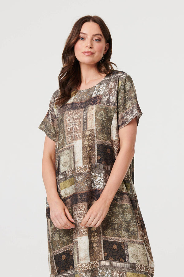 Khaki | Patchwork Pocket Knee Length Shift Dress