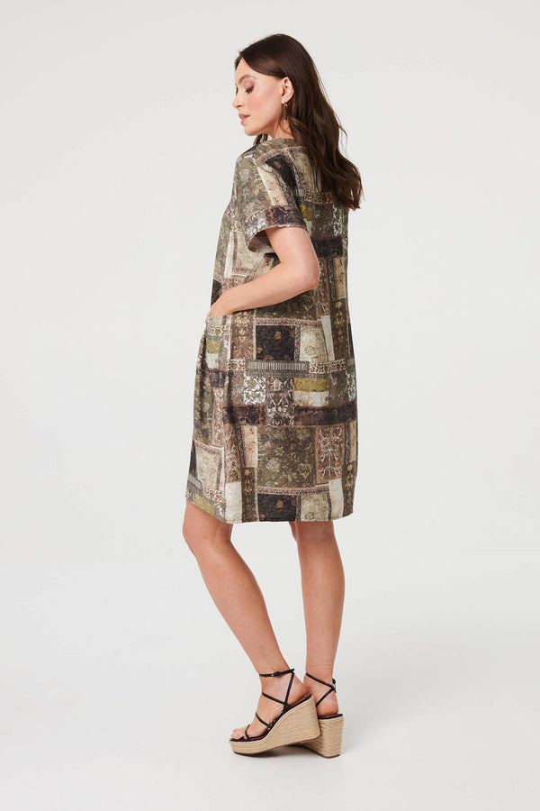 Khaki | Patchwork Pocket Knee Length Shift Dress