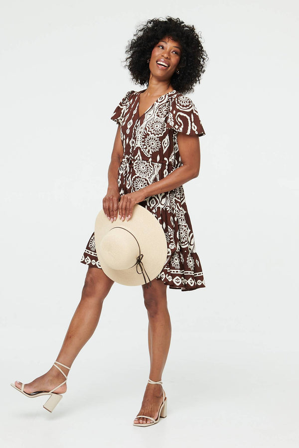 Brown | Abstract Angel Sleeve Knee Length Dress