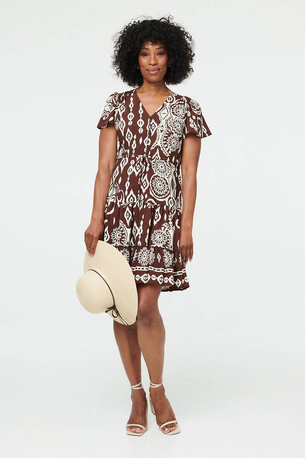 Brown | Abstract Angel Sleeve Knee Length Dress