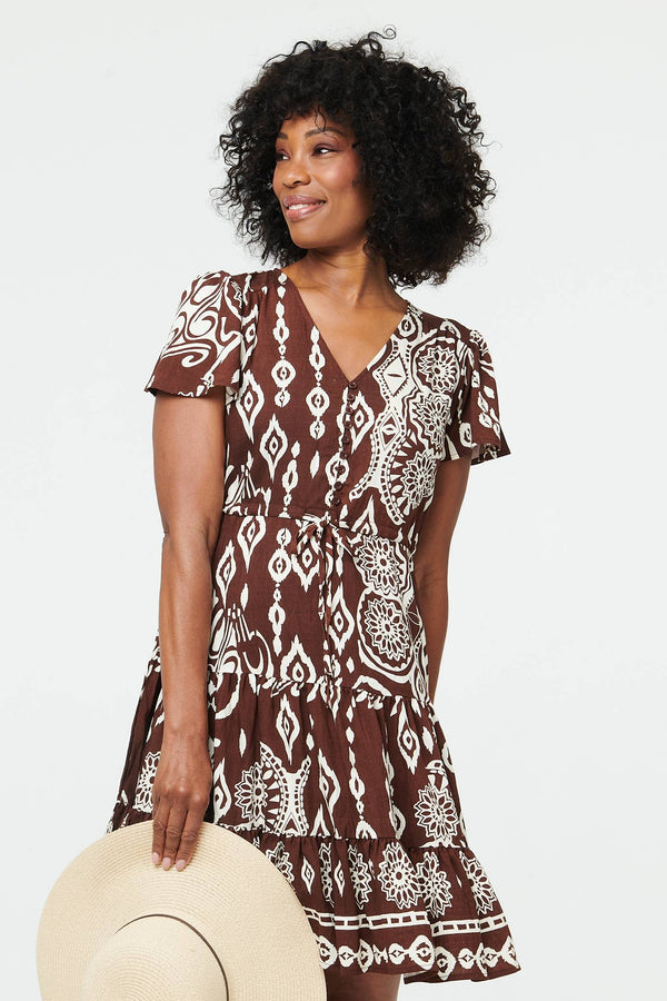 Brown | Abstract Angel Sleeve Knee Length Dress