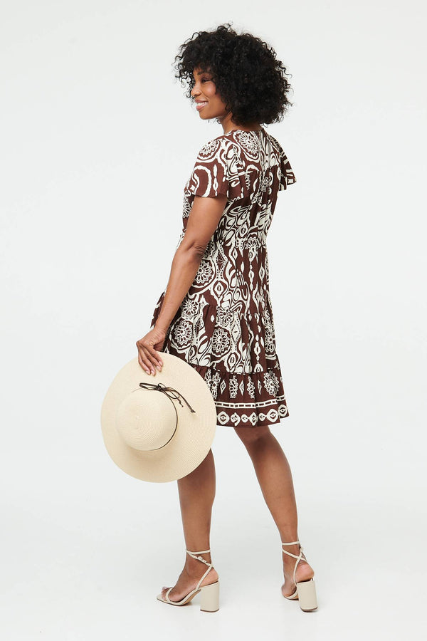 Brown | Abstract Angel Sleeve Knee Length Dress