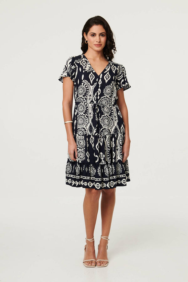 Brown | Abstract Angel Sleeve Knee Length Dress
