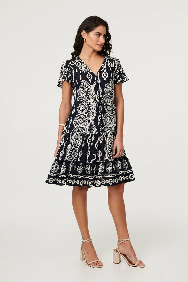 Brown | Abstract Angel Sleeve Knee Length Dress
